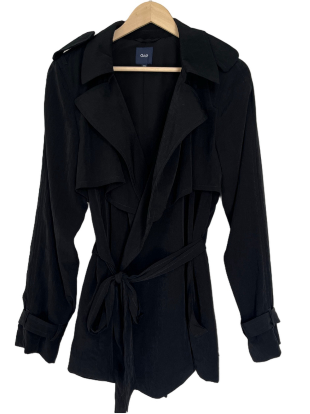 Gap Black Trench Coat Belted Wrap Front Lightweight Blazer Style Layering